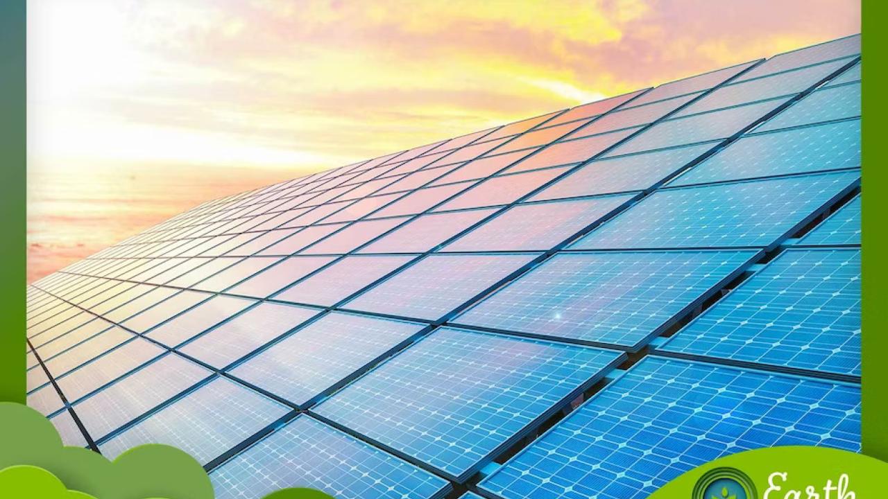 Large group of solar panels, a green border and Earth Week logo in the corner.