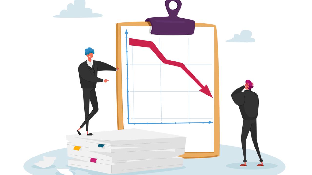 graphic of two people looking at a graph with a downward trajectory 