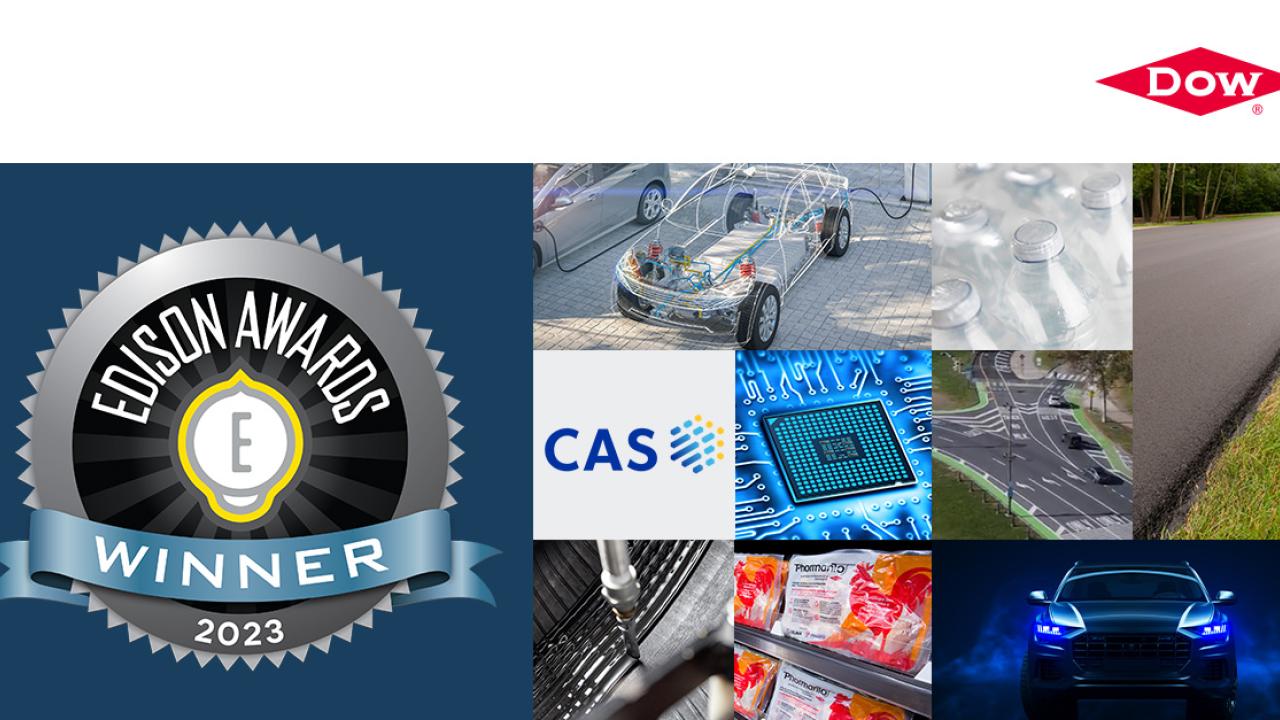Edison Awards Winner 2023 logo alongside photo collage of various subjects including cars, roads, plastic bottles, and a computer chip
