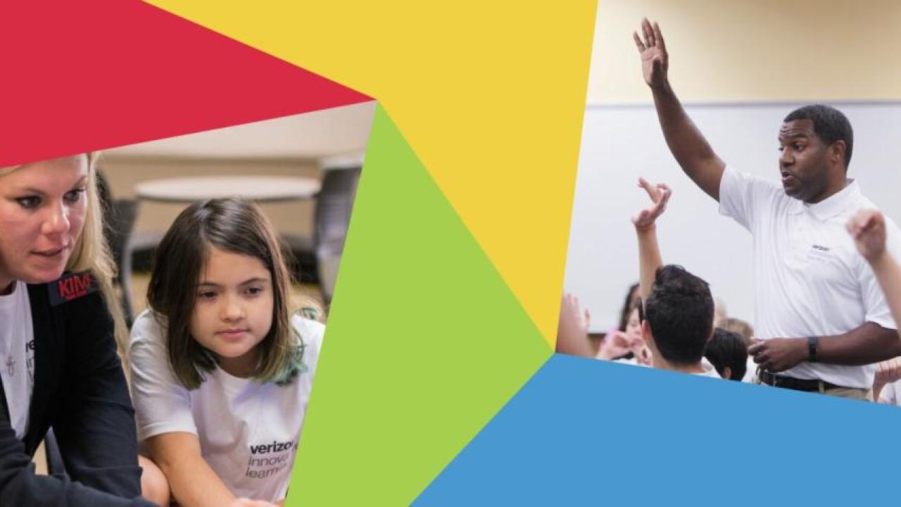 Two separate image of teachers and students 
