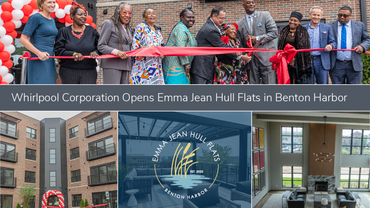 Collage of images of the new Emma Jean Hull Flats with the words, “Whirlpool Corporation opens Emma Jean Hull Flats in Benton Harbor”