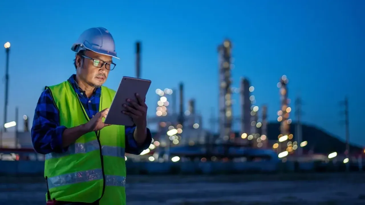 Construction worker using a tablet in front of a city skyline