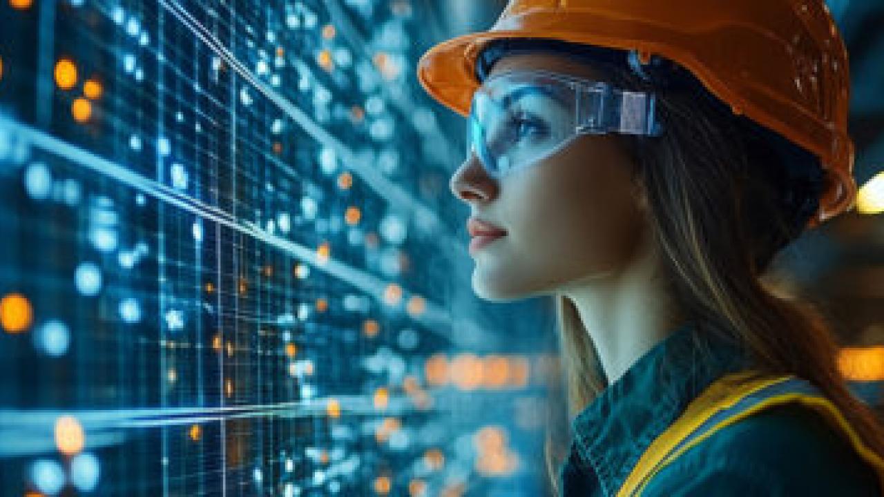 Construction worker looking a giant digital display