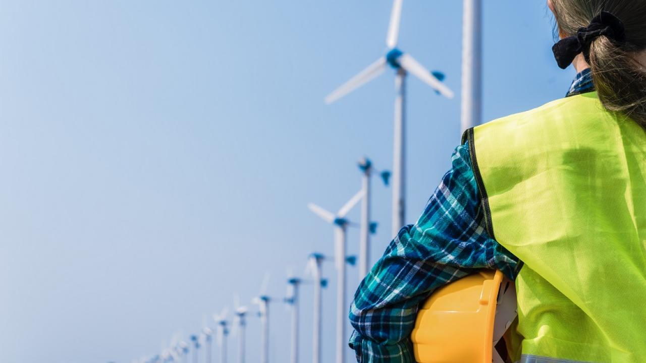 person in foreground with windmills in background