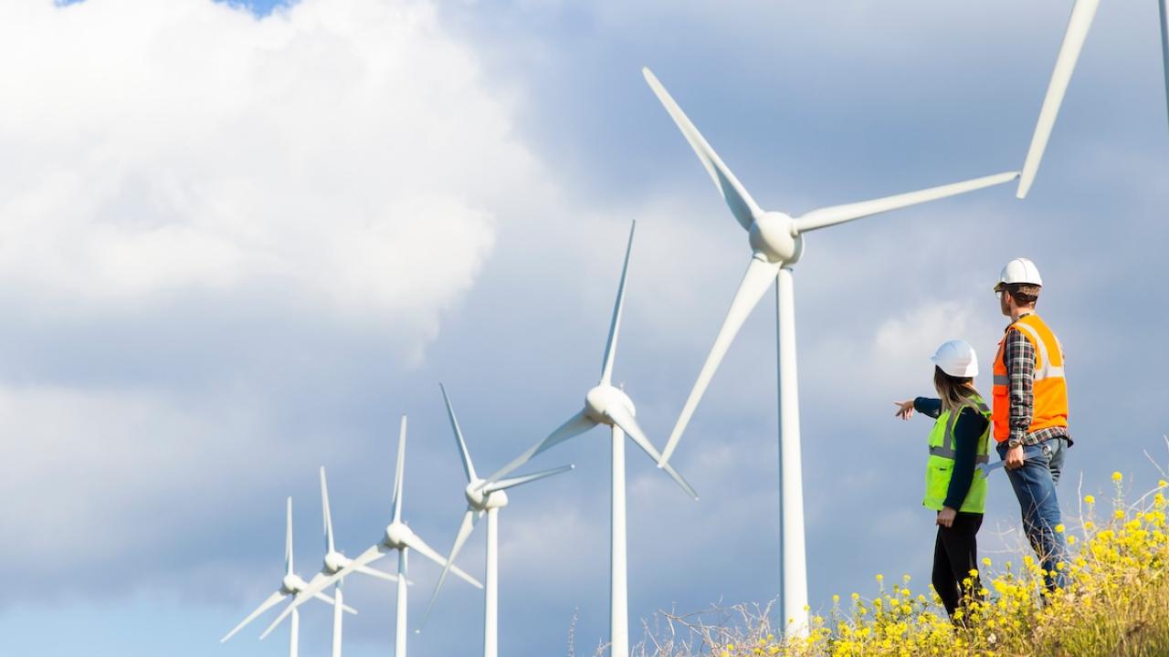 Two workers viewing windmills on a hill.