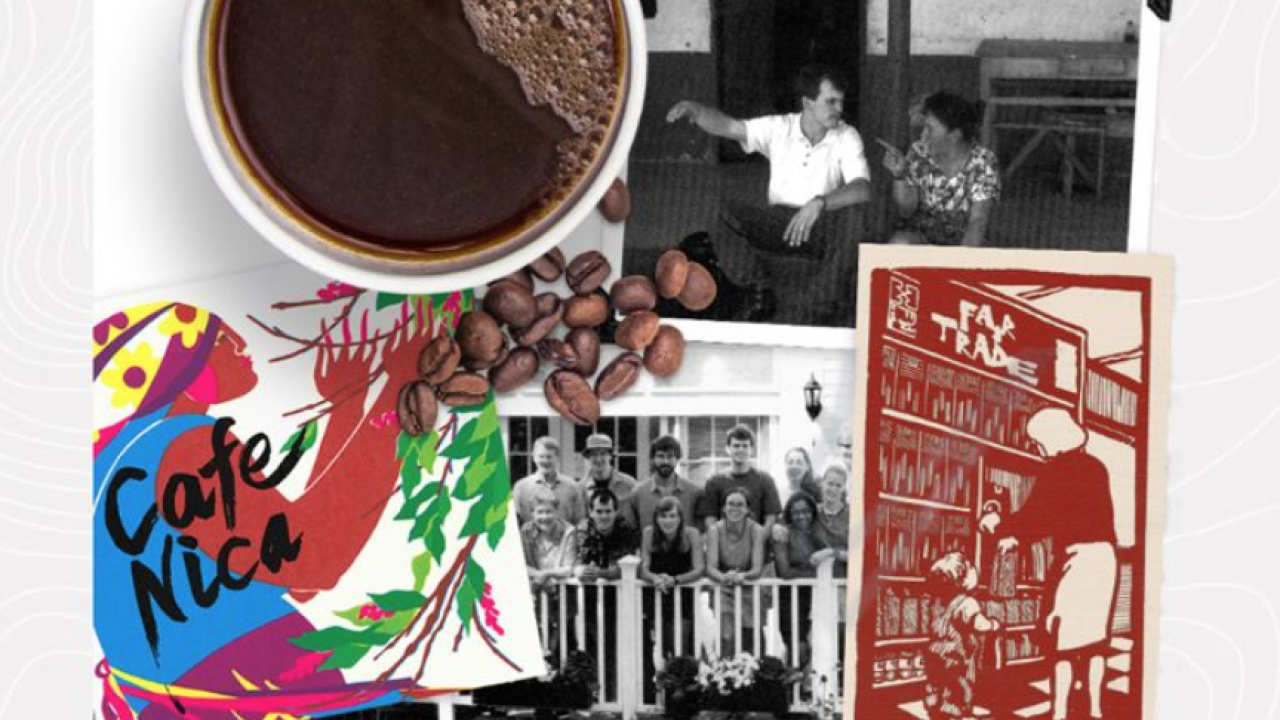 collage of a cup of coffee, coffee beans, illustrations about coffee, and two black and white photos