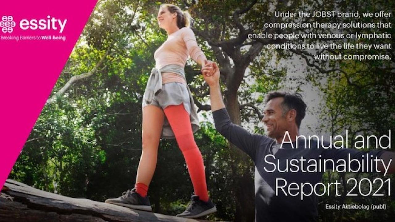 Annual and Sustainability Report 2021. * Under the JOBST brand, we offer compression therapy solutions that enable people with venous or lymphatic conditions to live the life they want without compromise. Woman balancing on a log wearing a compression solution on her leg. She is holding hands with a man who is on the ground.