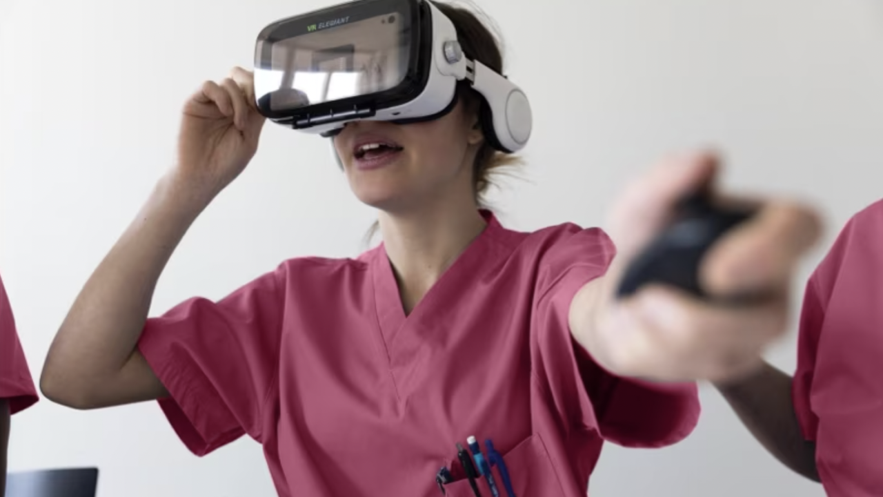 Virtual Training being done by a woman wearing a Virtual Reality headset.