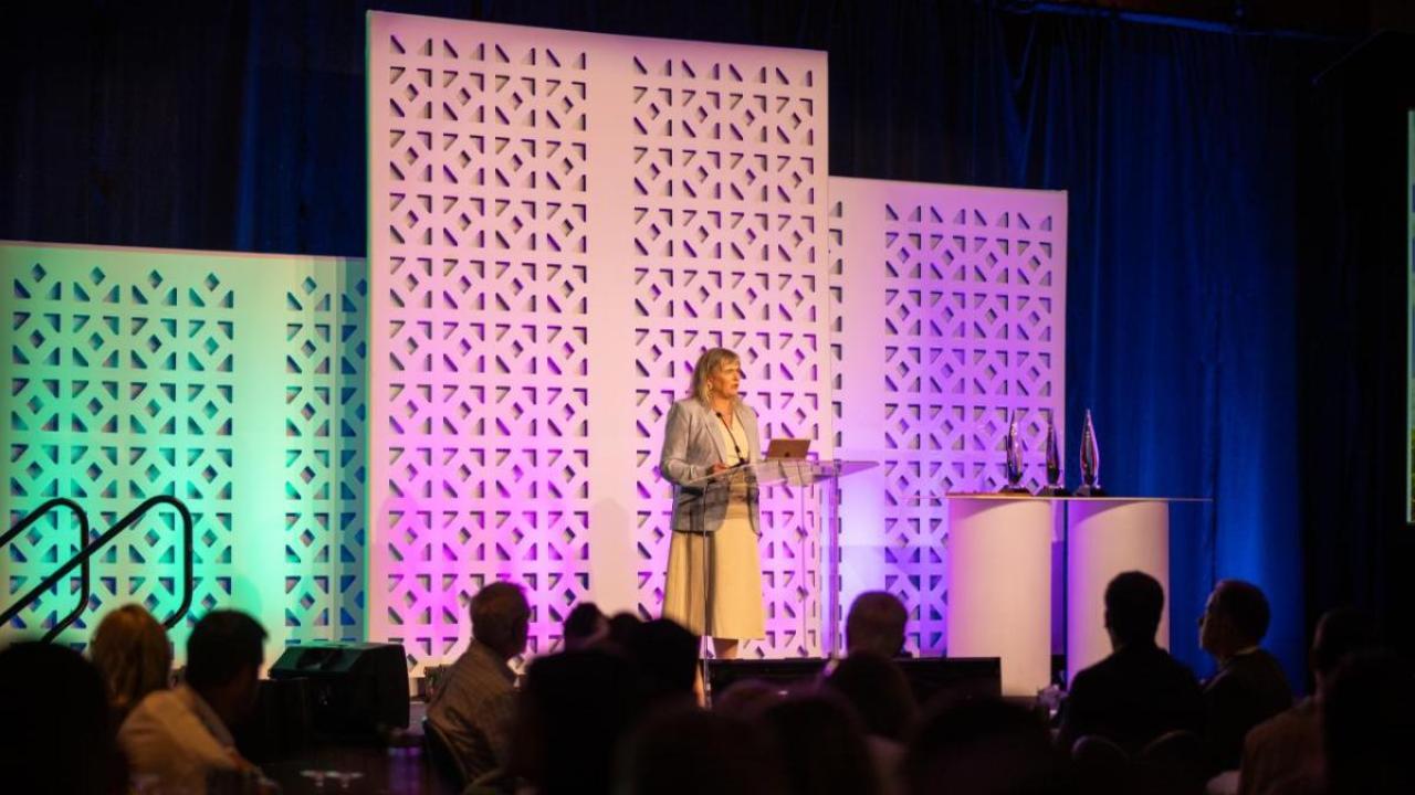 Margaret O'Gorman speaking onstage at the WHC Conservation Conference 2023
