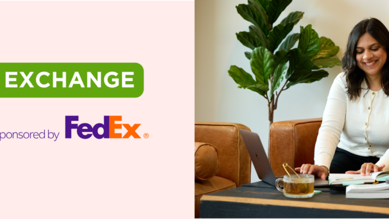 "Expert Exchange Sponsored by FedEx" next to image of woman working on laptop