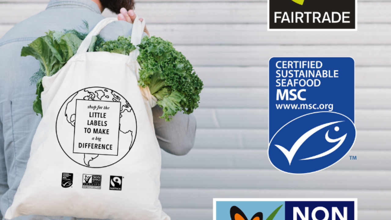 Person holding grocery bag with produce next to logos of Fairtrade America, The Non-GMO Project and the Marine Stewardship Council