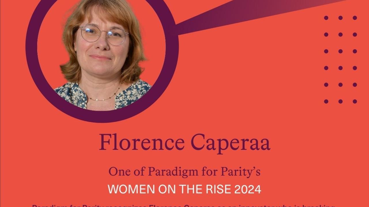 Photo of Florence Caperaa with congratulatory text.