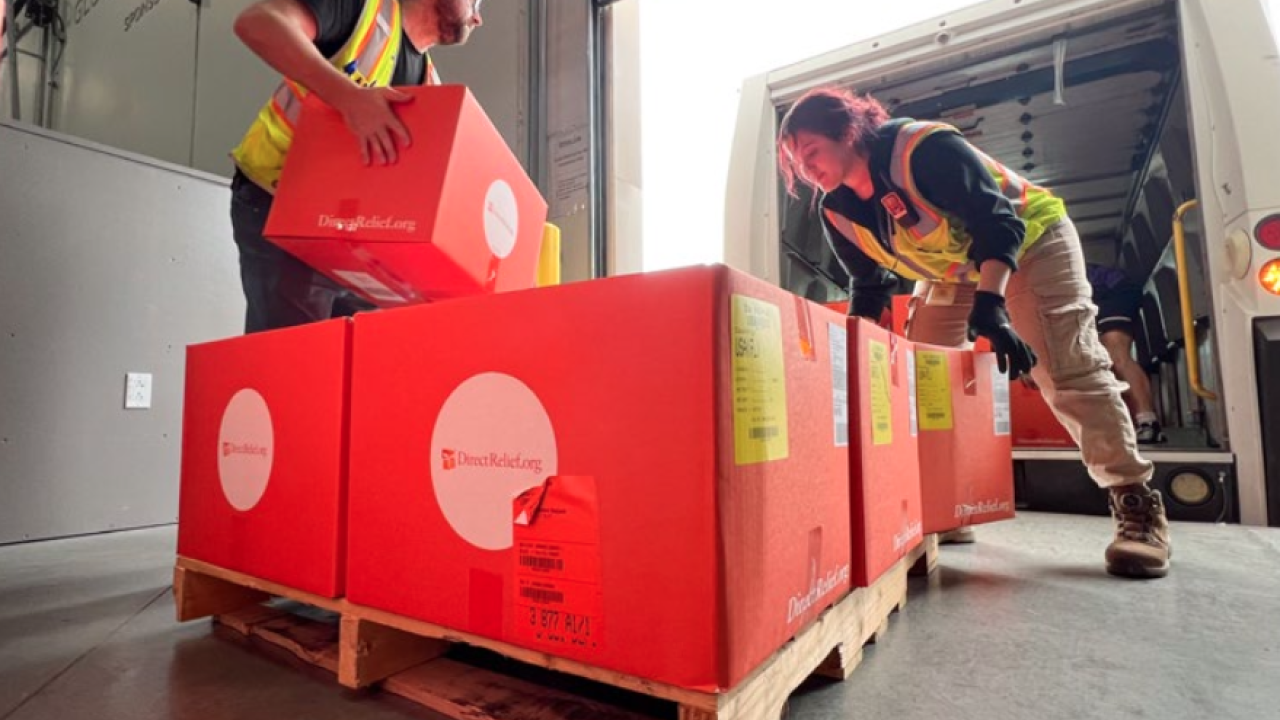 Relief supplies are loaded into a FedEx truck from the Direct Relief Global Distribution Center, sponsored by FedEx
