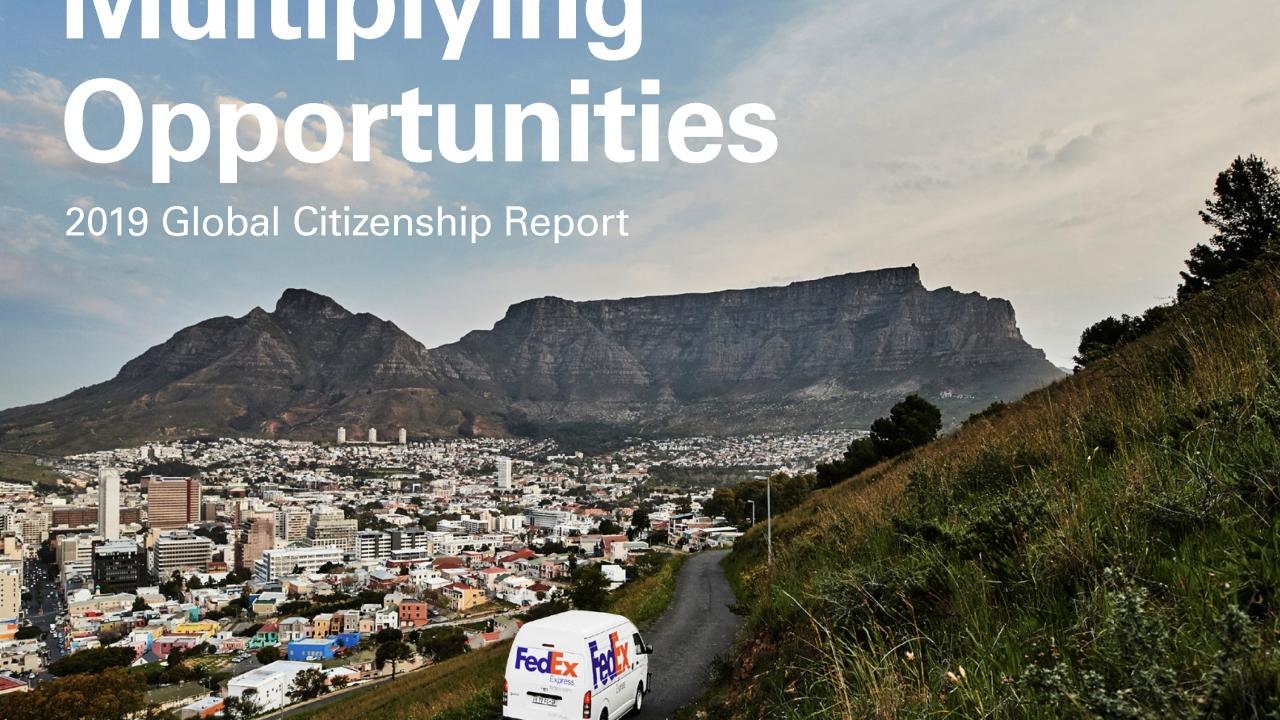 Photo of FedEx van driving along mountain road with white text overlayed reading, "Multiplying Opportunities: 2019 Global Citizenship Report"