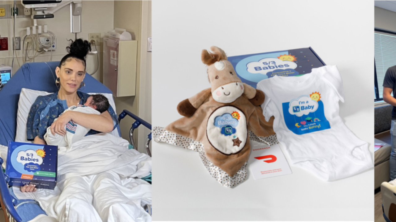Collage of new parents in hospital beds, receiving gifts from bank representatives.