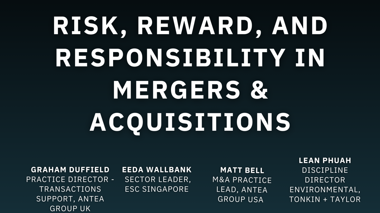 Headshots of podcast hosts with the  words, "Risk, Reward, and Responsibility in Mergers & Acquisitions"
