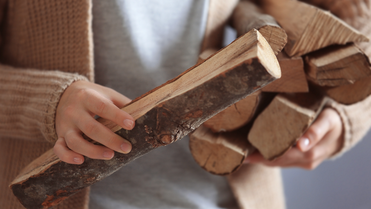 A person holding chopped wood