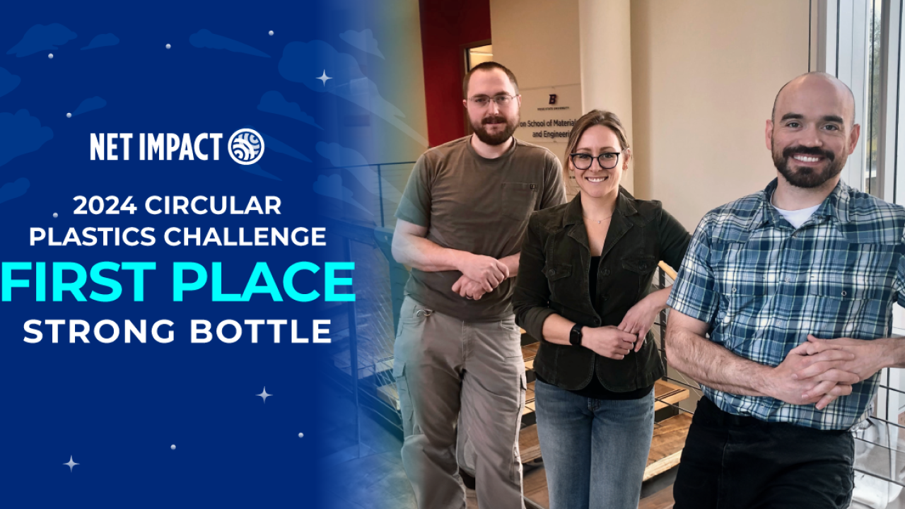 winners of cpc plastic challenge, two men and one woman, stand smiling 