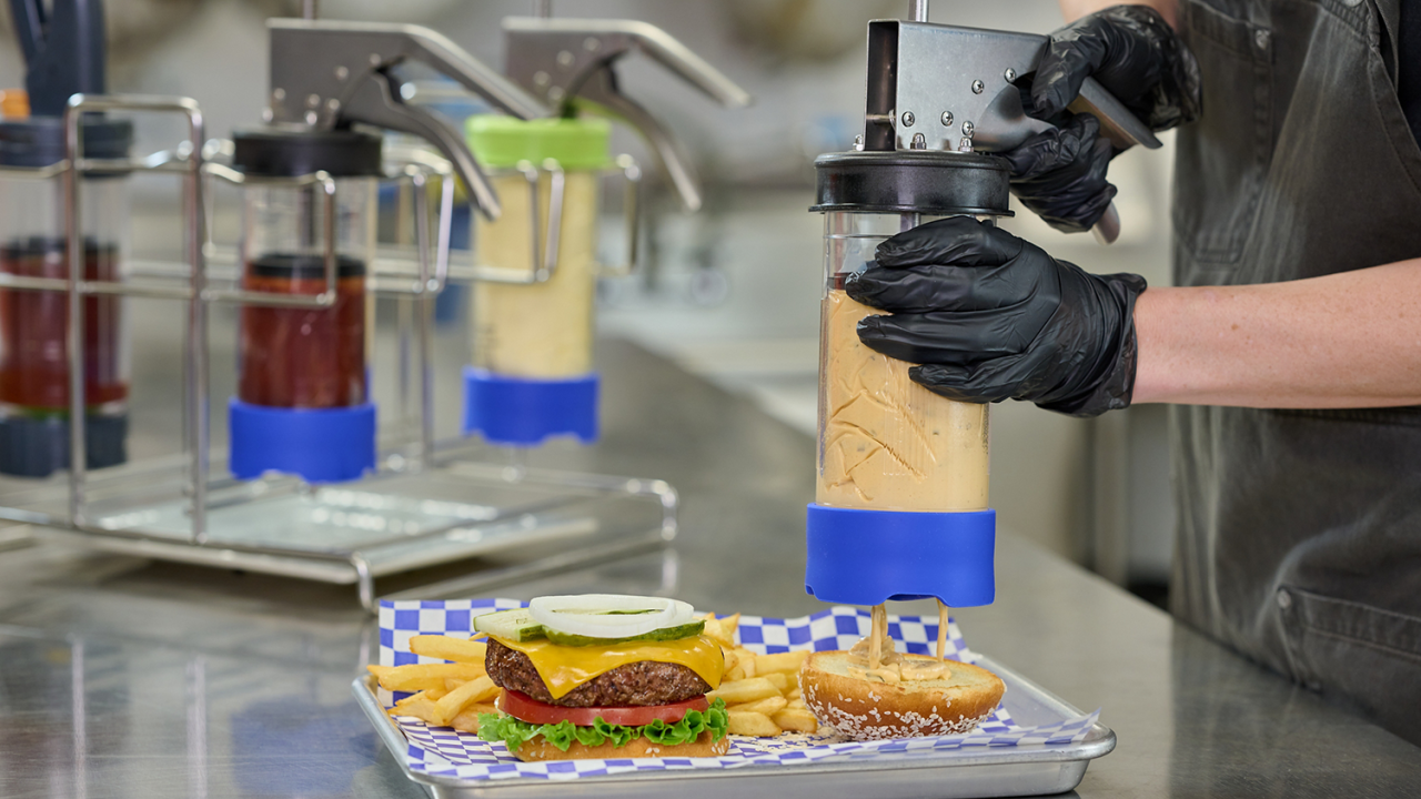 Flex prep in use over a burger bun
