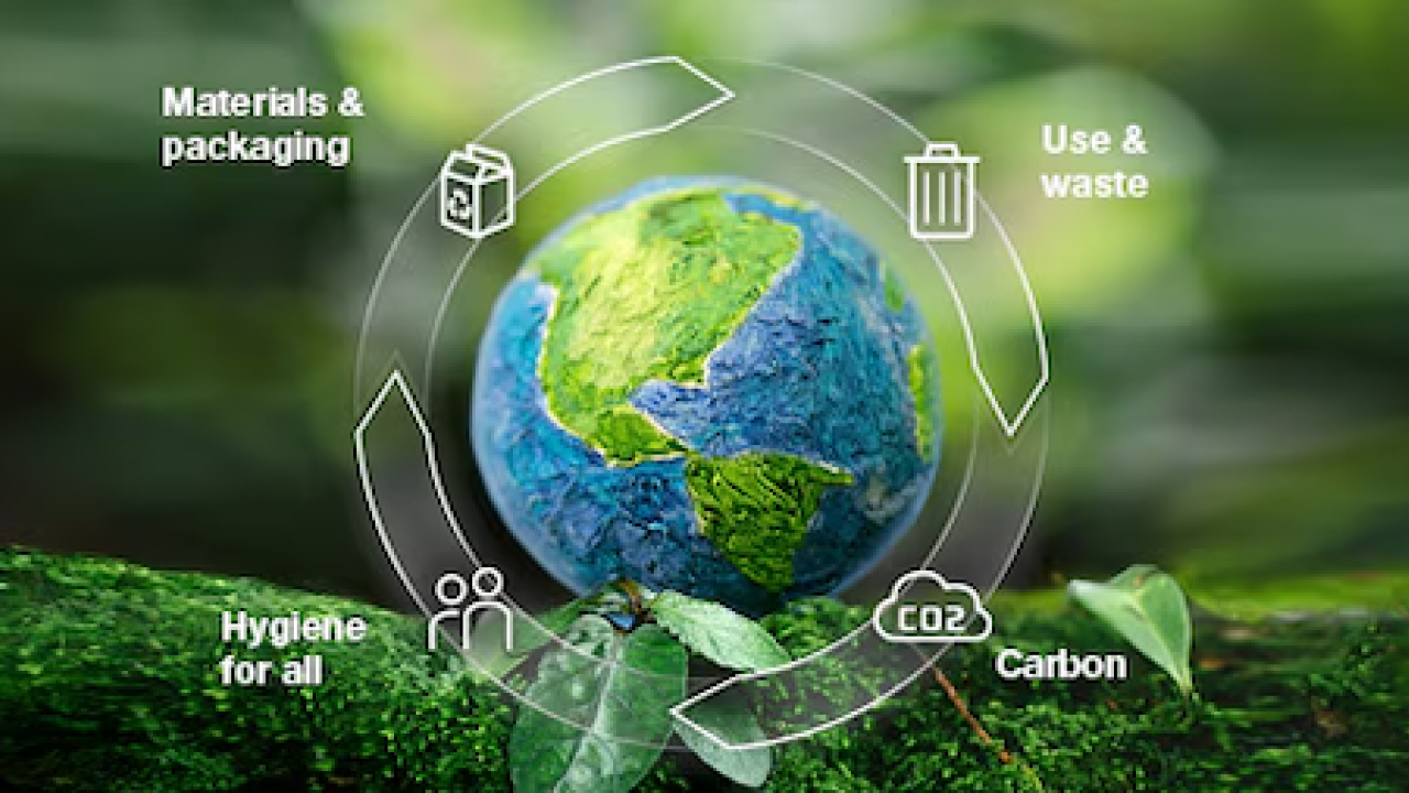 Globe shown with sustainability terms: Carbon, use and waste, materials and packaging and hygiene for all.