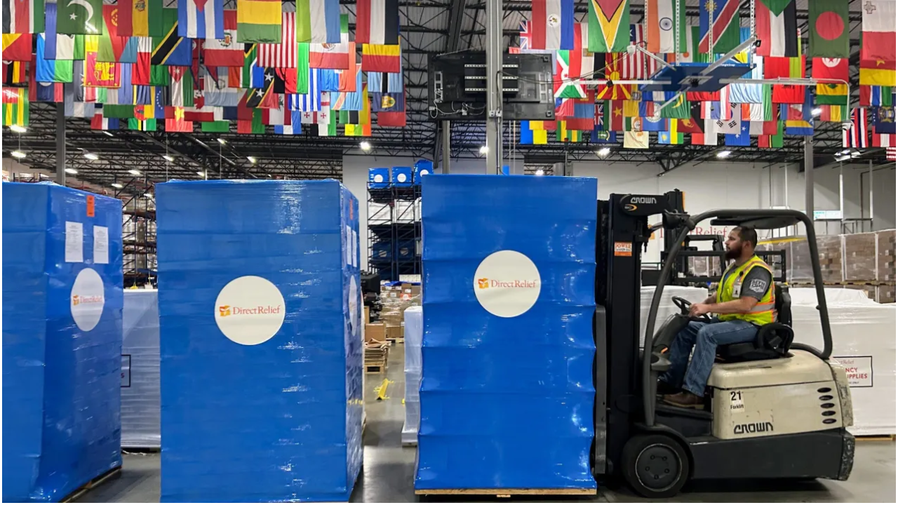 Pallets of medical aid at Direct Relief's distribution center and HQ (Direct Relief photo)