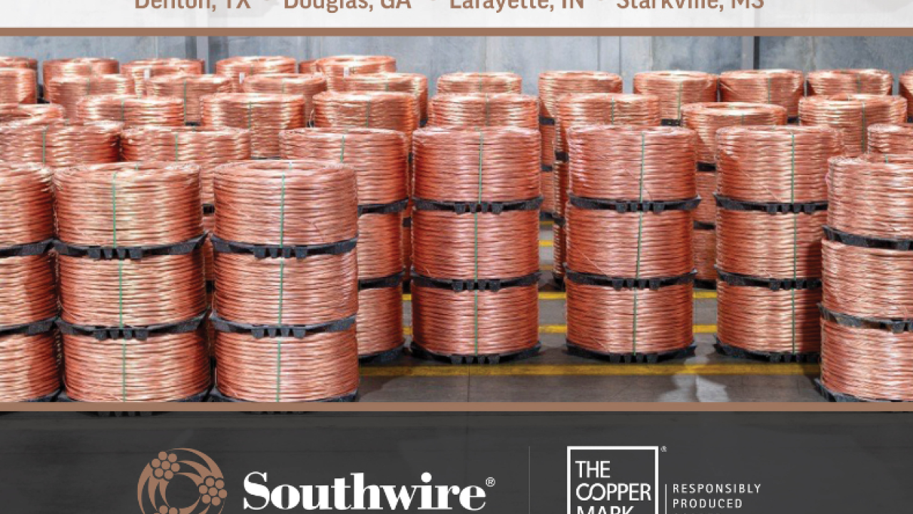 Photo of copper rod spools and list of Southwire sites that have been awarded The Copper Mark