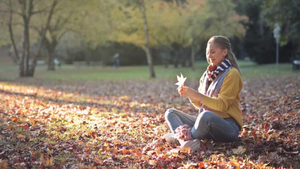 Young woman seated in a park in the fall holding a leave.