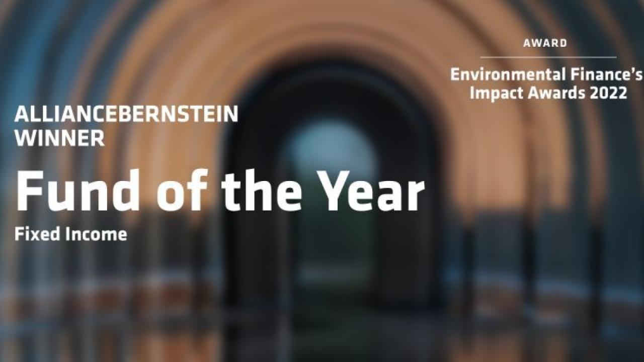 "AllianceBernstein Fund of the Year Fixed Income" "Award: Environmental Finance's Impact Awards 2022". On a background of out of focus arches.