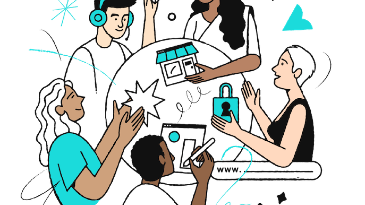 Illustration of five people in a circle using various forms of technology.