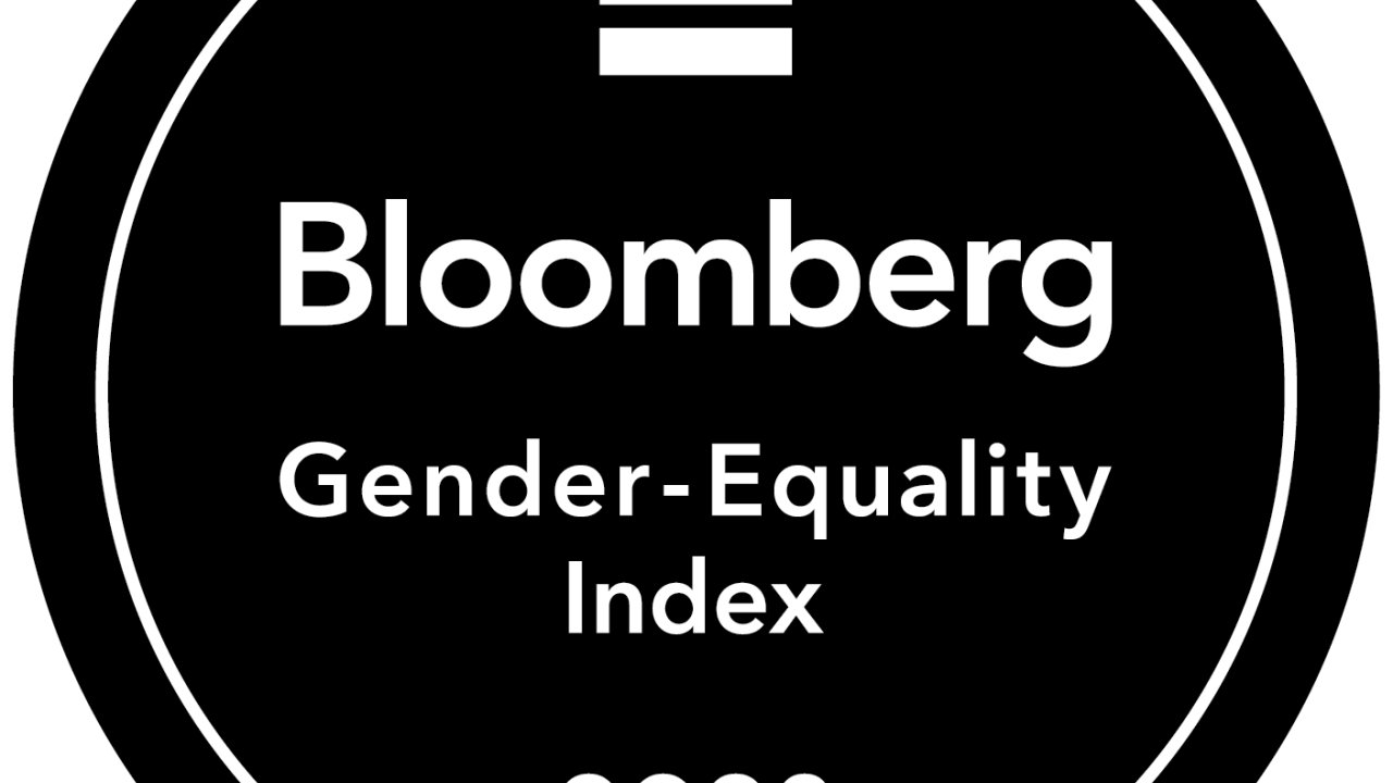 Black circular seal "Bloomberg + Gender-Equality Index 2023"