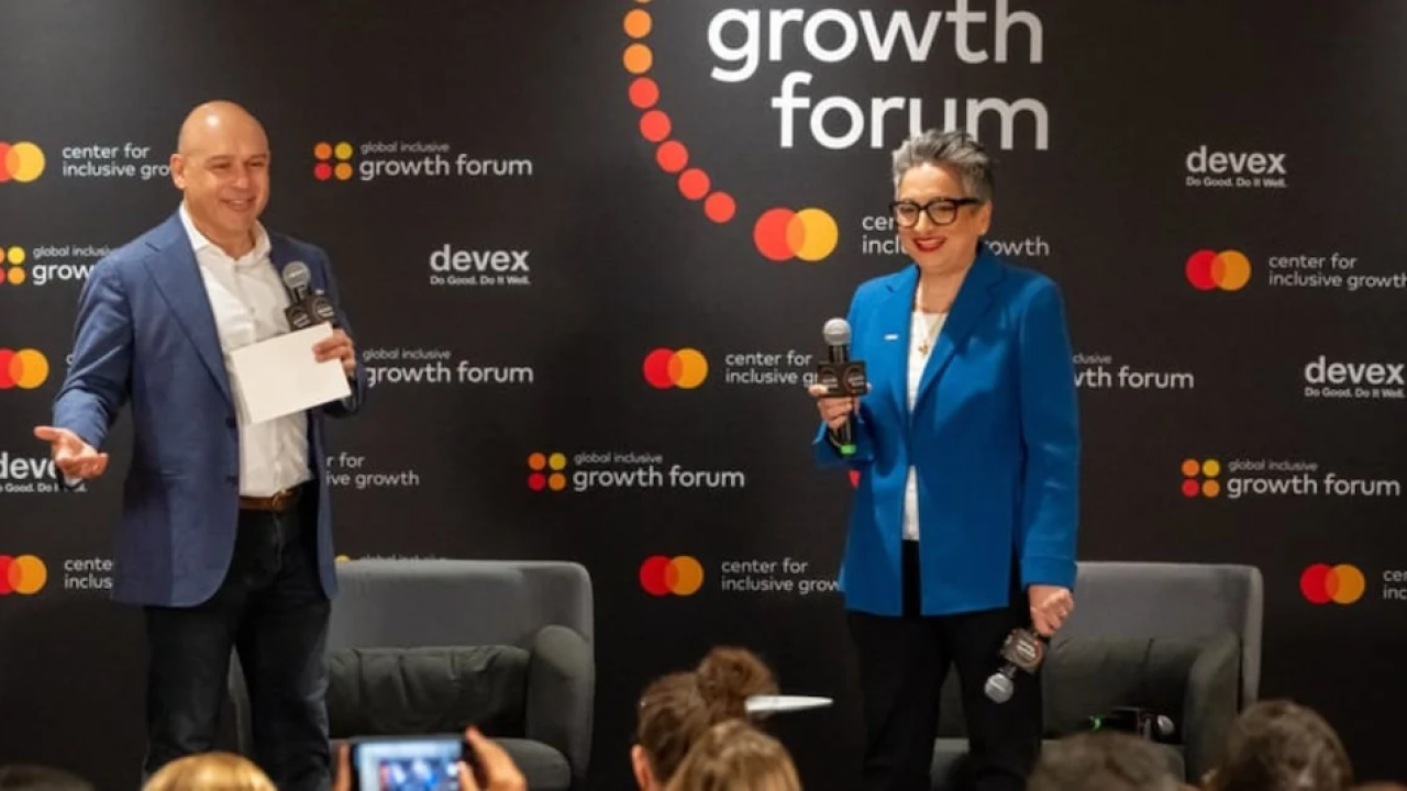 Shamina Singh, right, the founder and president of the Mastercard Center for Inclusive Growth, opens the 2026 Global Inclusive Growth Forum with Raj Kumar, the president and editor in chief of Devex. (Photo credit: Kevin Allen). 