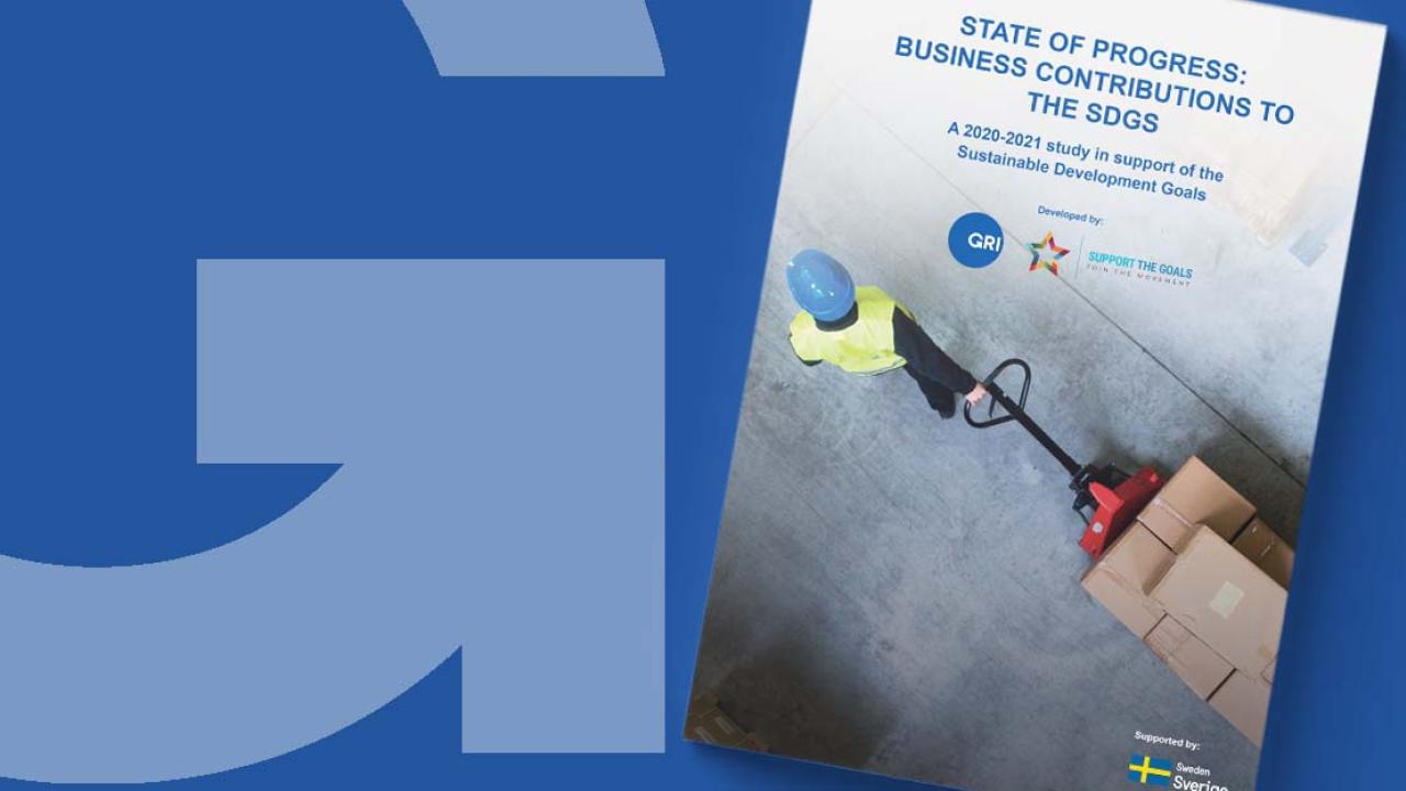Picture of the report cover next to letter "G" from GRI logo