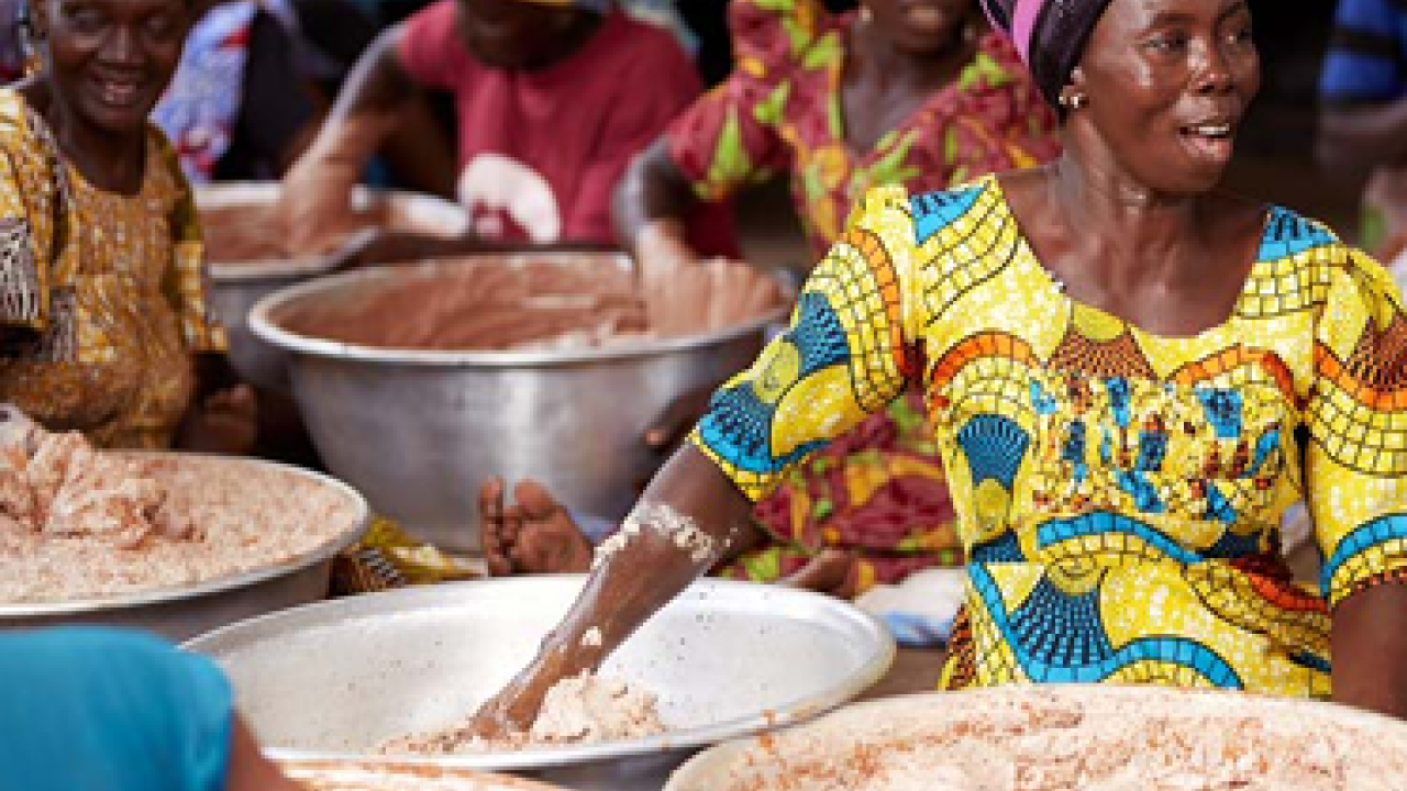 Women seated next to large metal bowls full of shea butter.