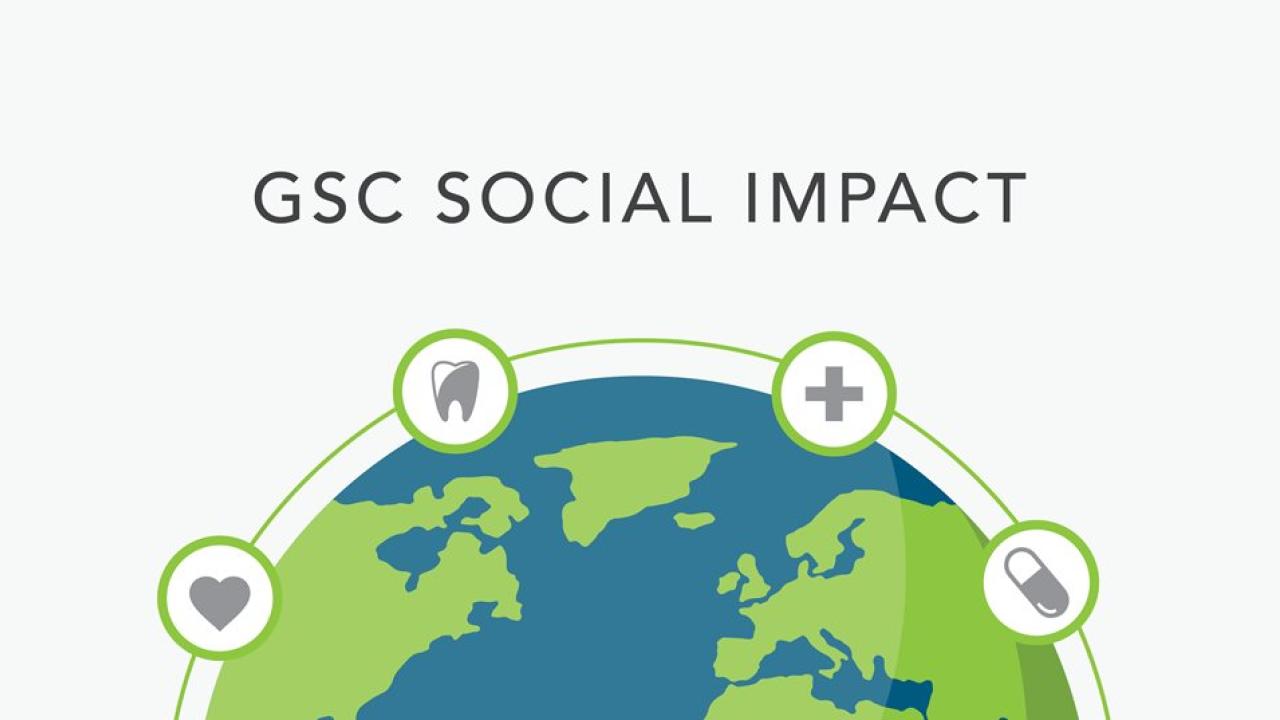Illustration of globe with text: GSC Social Impact