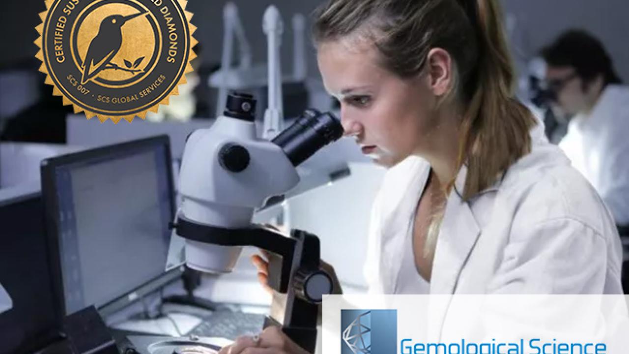 Woman looking through microscope, SCS-007 logo and Gemological Science International logo overlay in top left and bottom right corners