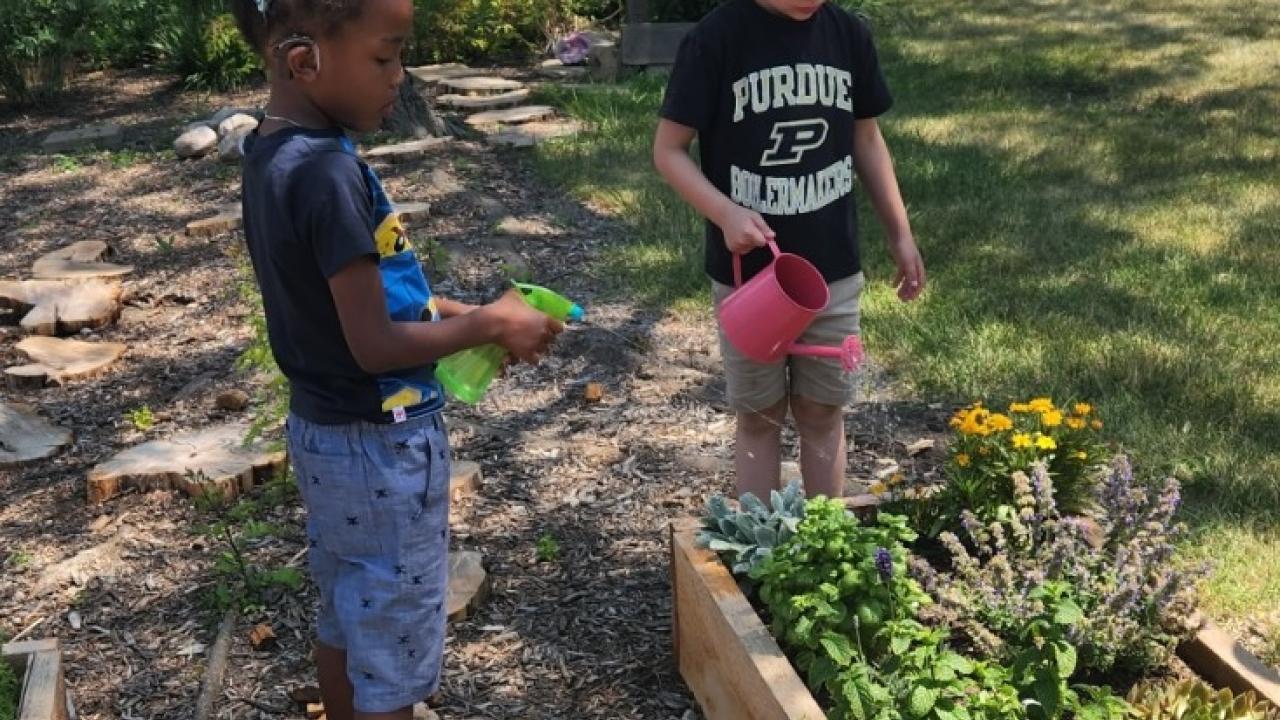 Kids watering a garden
