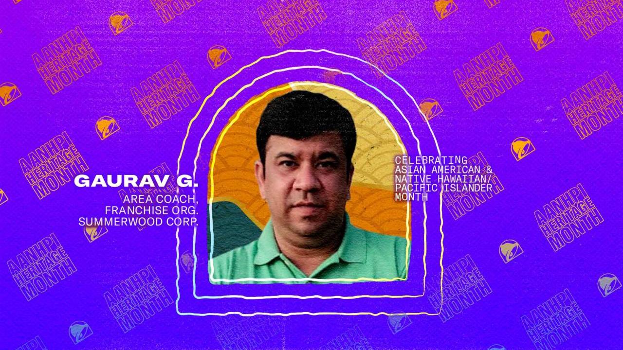 Gaurav G on a colorful background with Taco Bell logos.
