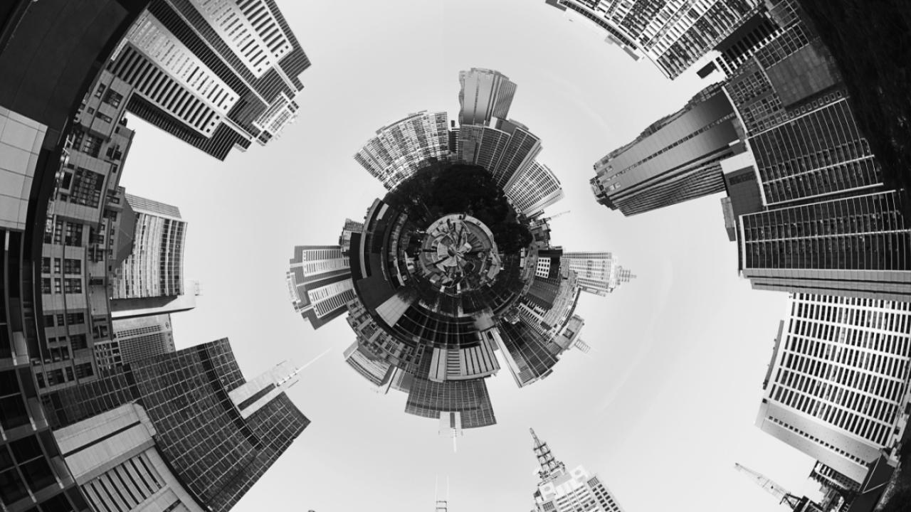 Cityscape with fish-eye lens