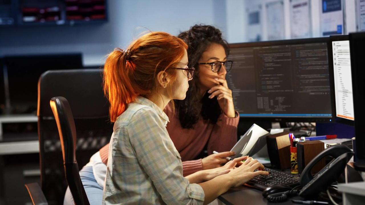 Two women staring at a computer screen. 