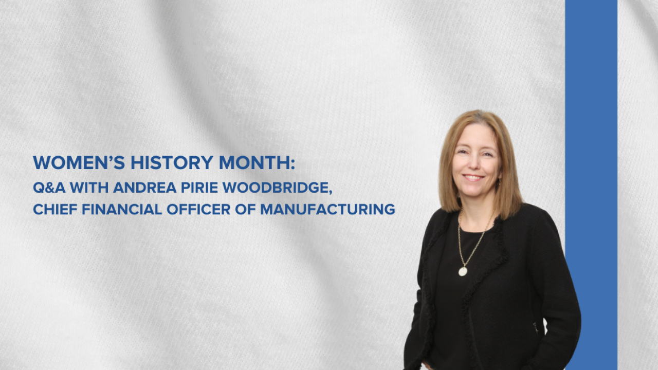 White fabric background with a blue strip, featuring Andrea Pirie Woodbridge and the article title