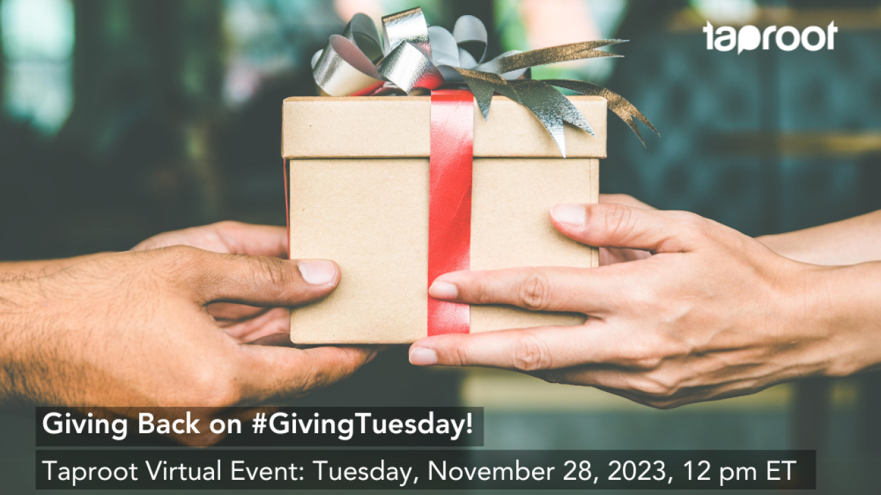 A brown gift box is passed from one set of hands to another. Overlay text promotes Taproot's #GivingTuesday volunteer event.