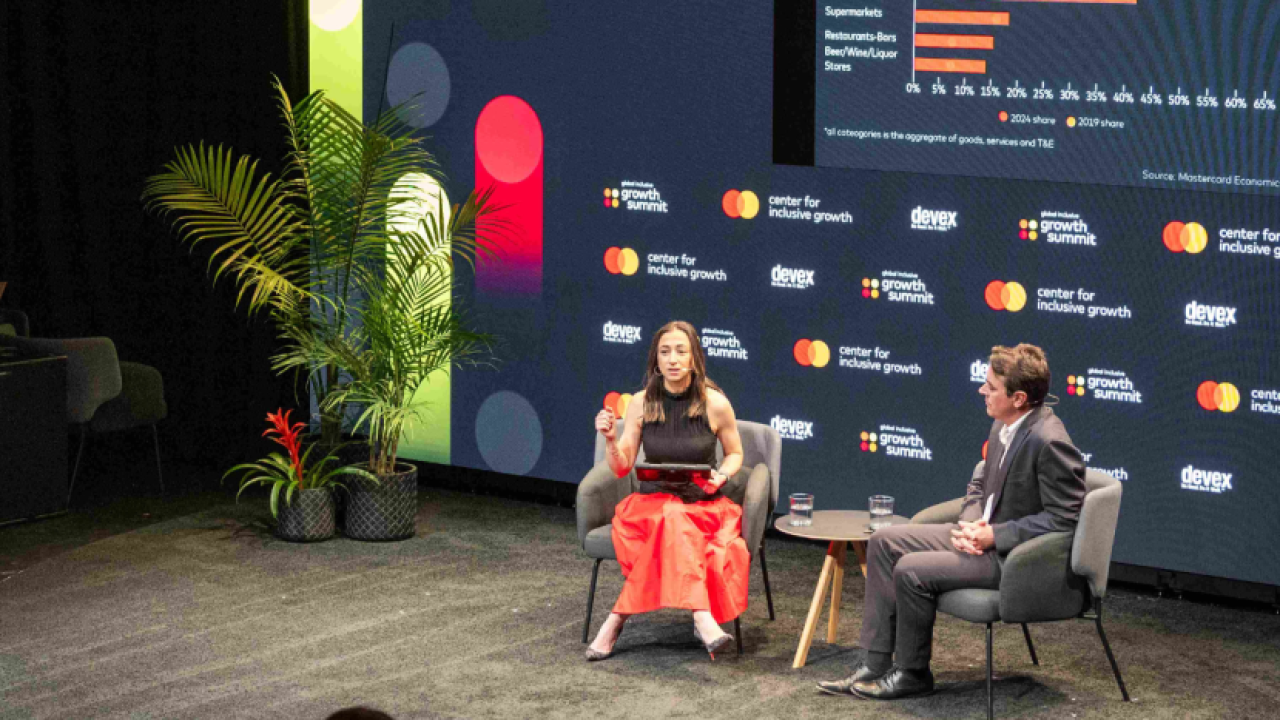 two people on stage during the Global Inclusive Growth Summit