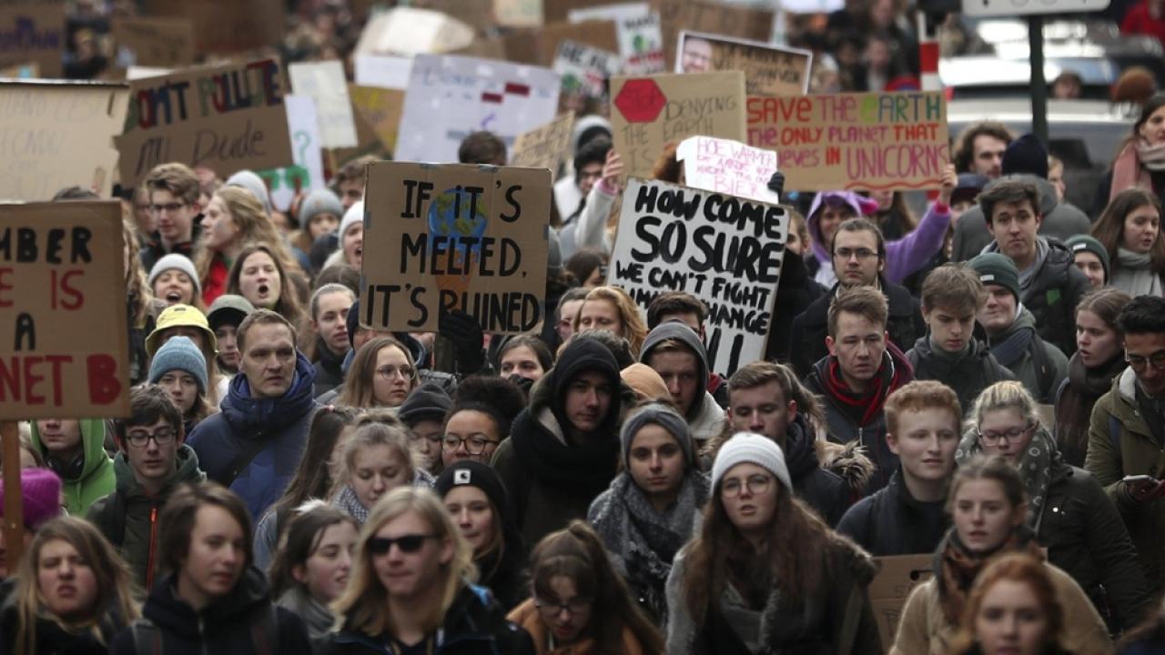 Thousands of youngsters crowd the streets as they march during a climate change protest in Brussels, Jan. 31, 2019. | Francisco Seco/AP