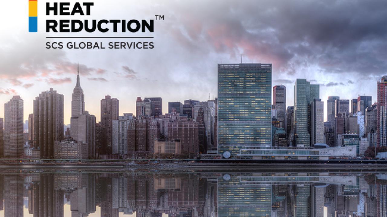 Cityscape with the logo for Global Heat Reduction in corner