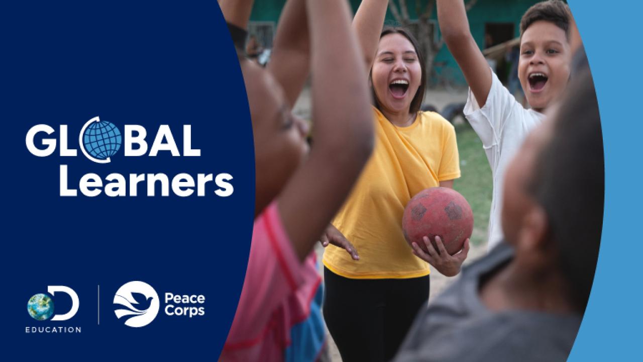 Global learners logo alongside image of kids happily shouting and waving their arms