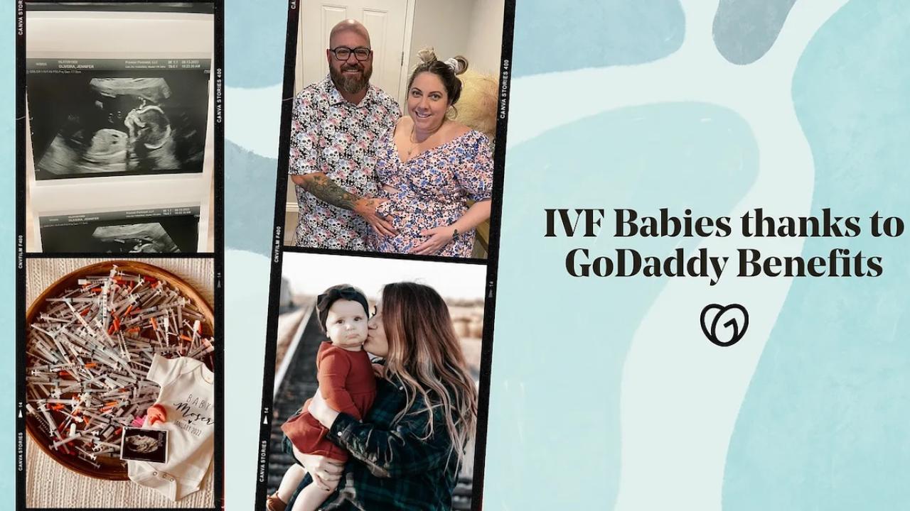 IVF Babies thanks to GoDaddy benefits. Photo montage of GoDaddy employees and their children.