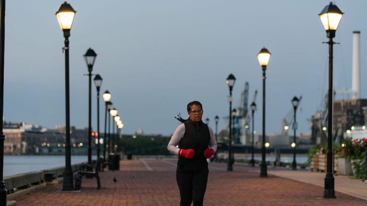 Susan Clayton, founder of apparel company WhitePaws RunMitts, in a scene from GoDaddy's "Made in America."