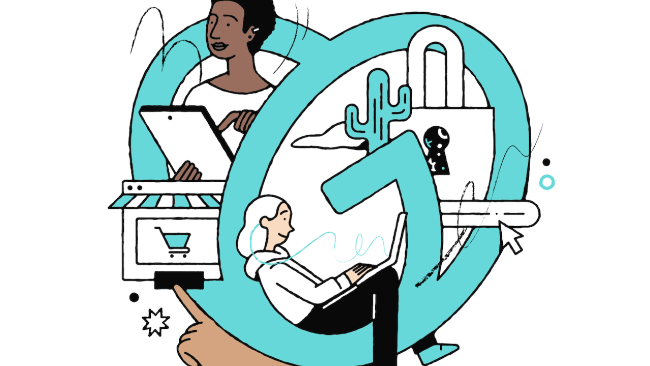 GoDaddy illustrated logo with two people working on laptops.