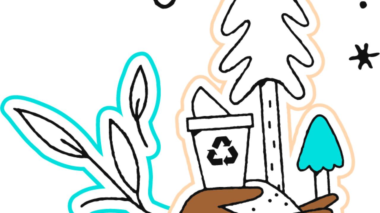 Illustration of a hand holding a tree and a cup with a recycle symbol.