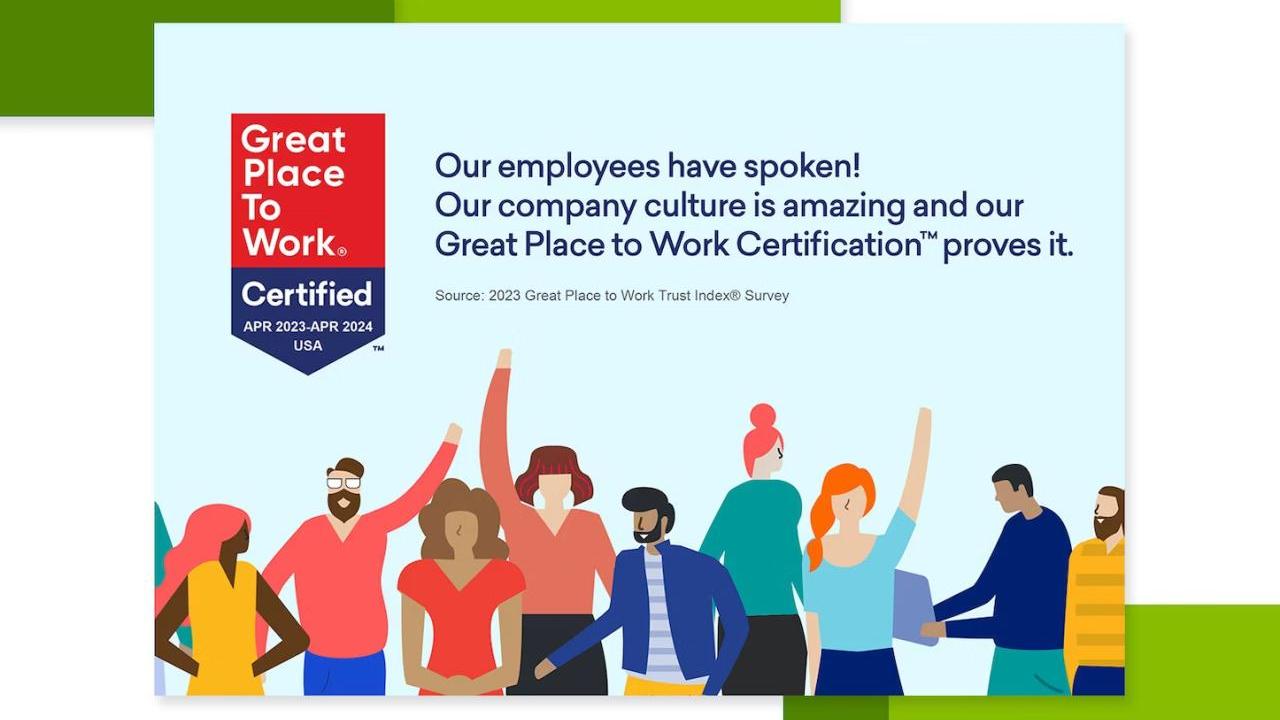 Illustration of a group of people with the text 'Our employees have spoken! Our company culture is amazing and our Great Place to Work Certification™ proves it.'